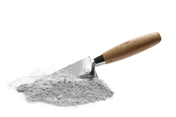 Cement pile and trowel isolated on white background