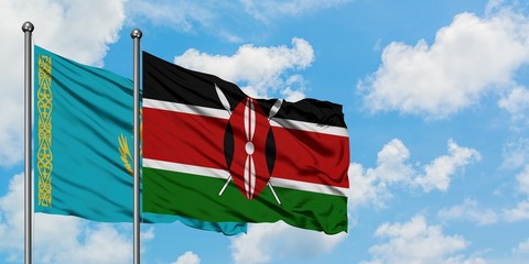 Kazakhstan and Kenya flag waving in the wind against white cloudy blue sky together. Diplomacy concept, international relations.