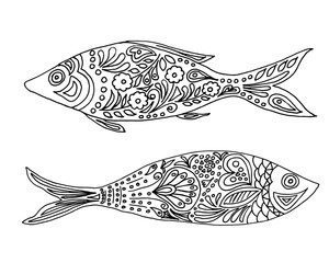Coloring Page. Coloring Book. Colouring picture with fish drawn in zentangle style. Antistress freehand sketch drawing. Vector illustration.