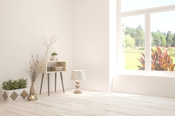 Empty room in white color. Scandinavian interior design. 3D illustration