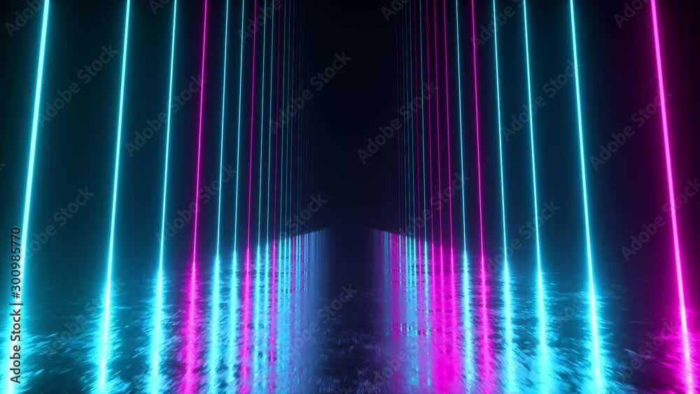 Wall mural endless corridor with neon lines tending up. metal reflective scratched floor. seamless loop 3d rend