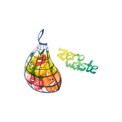 Watercolor words zero waste with happy fruits and vegetables in net. Hand drawn illustration isolated on white. Icon is perfect for ecological design, social media icons, poster, stickers, banner