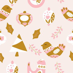 Gold and pink folk art seamless pattern