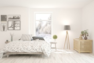 Stylish bedroom in white color with winter landscape in window. Scandinavian interior design. 3D illustration