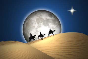 Reyes Magos. Luna, desierto y estrella. Ilustración.
