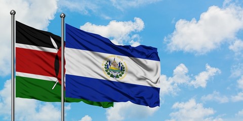 Kenya and El Salvador flag waving in the wind against white cloudy blue sky together. Diplomacy concept, international relations.