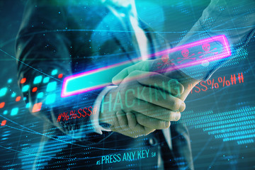 Multi exposure of hacking drawing on abstract background with two men handshake. Concept of data cyberpiracy