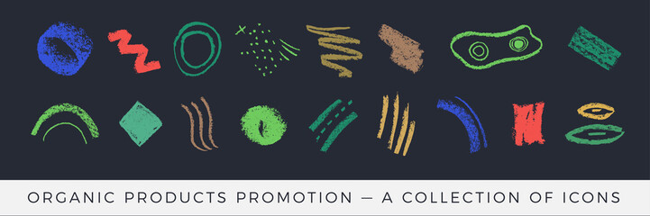 Hand-painted organic products promotion — collection of signs, emblem design elements, bio logos, vector eco friendly icons — green thinking. Vegan, raw, healthy food, tags set, products packaging.