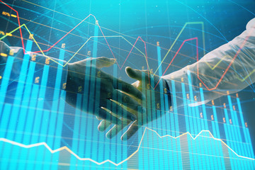 Multi exposure of forex graph on abstract background with two businessmen handshake. Concept of success on stock market