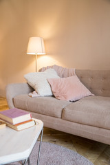 Small coffee table and candles next to designed sofa with pastel colored pillows.Still life details of nordic living room. bright living room interior. elegant sofa in living room with different