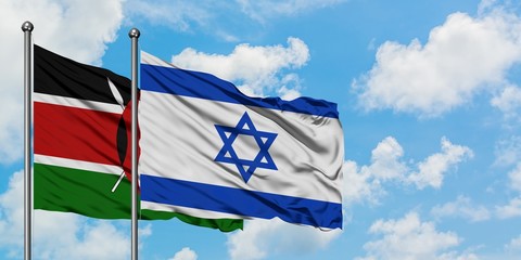 Kenya and Israel flag waving in the wind against white cloudy blue sky together. Diplomacy concept, international relations.
