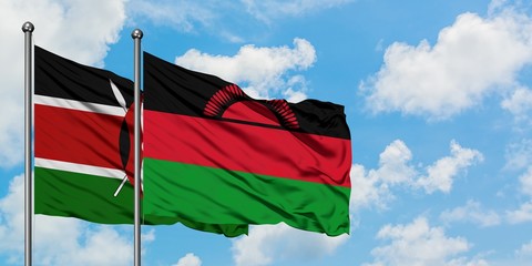 Kenya and Malawi flag waving in the wind against white cloudy blue sky together. Diplomacy concept, international relations.