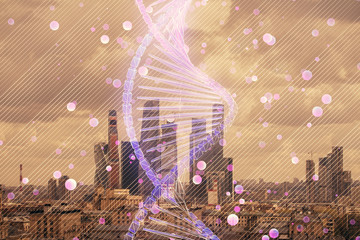 Multi exposure of DNA hologram on cityscape background. Concept of education