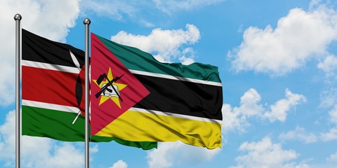 Kenya and Mozambique flag waving in the wind against white cloudy blue sky together. Diplomacy concept, international relations.