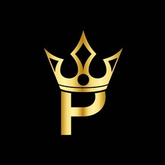 Gold Icon Letter P Logo. The crown of the king and queen with the logo icon P. Initial Letter P Design Vector Luxury Golden