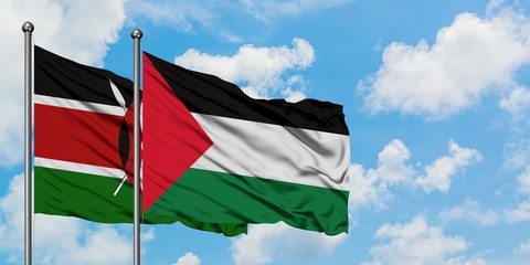 Kenya and Palestine flag waving in the wind against white cloudy blue sky together. Diplomacy concept, international relations.