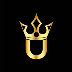 Gold Font Letter U Logo. The crown of the king and queen with the logo icon U. Initial Letter U Design Vector Luxury Golden