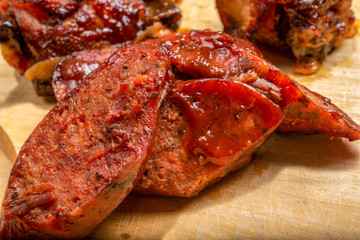 Sliced sausage arrangement medium closeup showing texture and spices
