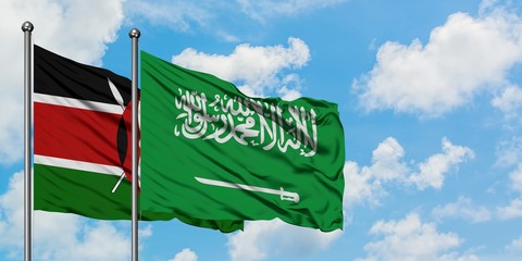 Kenya and Saudi Arabia flag waving in the wind against white cloudy blue sky together. Diplomacy concept, international relations.