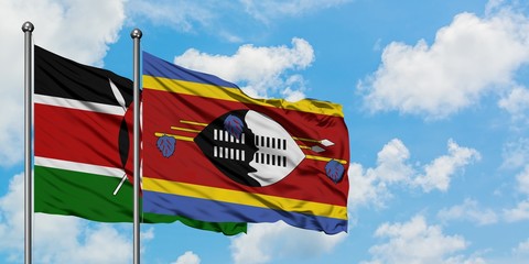 Kenya and Swaziland flag waving in the wind against white cloudy blue sky together. Diplomacy concept, international relations.