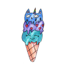 Cute  ice cream cone with three scoops.  In unicorn style isolated on white background.Children's illustration with colored pencils