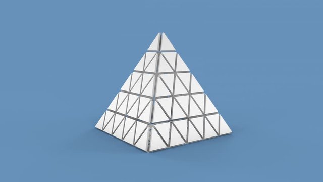 3D animation of a white pyramid that appears and consists of many triangles. The pyramid disintegrates and splinters fall on the blue surface. 4K animation for banner and screensavers.