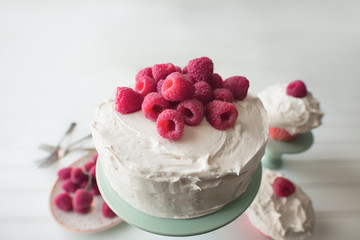 Top view of a whole cake with vanilla icing and fresh raspberry garnish. 
