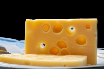 Two blocks of French emmental semi-hard cheese