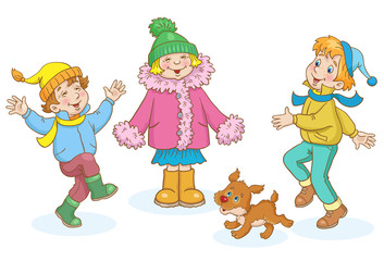 Children in winter. Two little boys, one cute girl and a funny puppy play and jump in the courtyard. In cartoon style. Isolated on white background. Vector illustration.