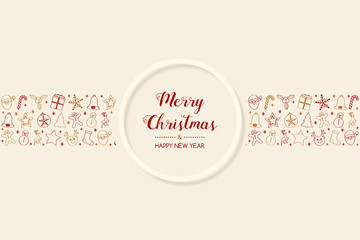 Design of Christmas greeting card with with hand drawn decorations. Vector.