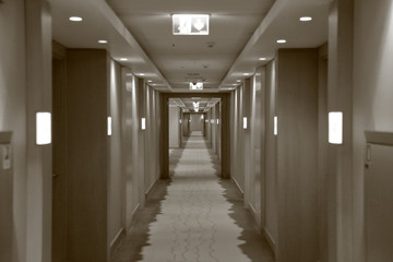 Long corridor with rooms at the Marriott Krasnaya Polyana Hotel, Sochi, Russia