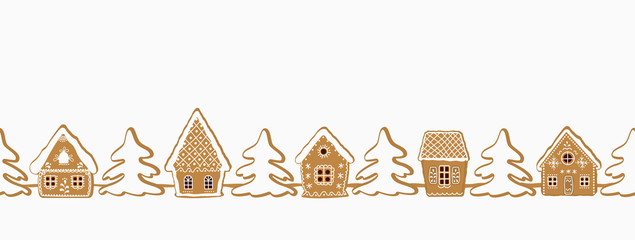 Stoffe zum Nähen Gingerbread village. Christmas background. Seamless border. There are gingerbread houses and fir trees on a white background. Greeting card template. Vector illustration