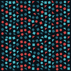 Pattern of triangles, squares and circles. On a black background