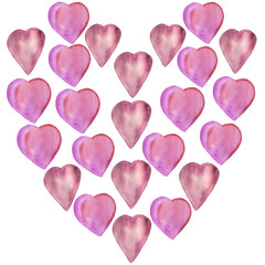 Fototapeta premium Watercolor heart shaped composition of hand painted pink hearts. Bright and tender clip art is perfect for design of Valentines card.