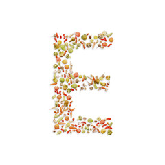 Vegetarian ABC. Vegetables on white background	forming letter E
