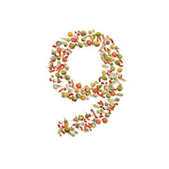 Vegetarian ABC. Vegetables on white background forming number 9