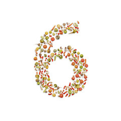 Vegetarian ABC. Vegetables on white background	forming number 6