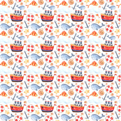 Seamless pattern of watercolor elements on the marine theme with ships, whales, lifebuoy, striped fish, shells and stars. Perfect for forming postcards, textiles, paper, printing, wallpaper and any de