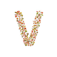 Vegetarian ABC. Vegetables on white background	forming letter V