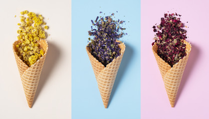 collage of three waffle cones with dry tea on colorful backgrounds