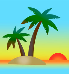 Fototapeta na wymiar Simple stylised colorful sunset landscape with tropical island, palm trees, sea and sky using gradients. EPS 10 Vector illustration