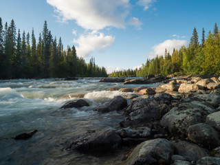 Fototapeta na wymiar Beautiful northern landscape with long exposure water stream of river Kamajokk, boulders and spruce tree forest in Kvikkjokk in Swedish Lapland. Summer sunny day, golden hour, dramatic clouds