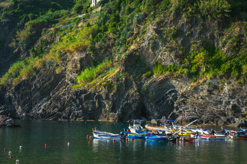 Colorful boats in the harbor of Vernazza, Cinque Terre, La Spezia, Italy