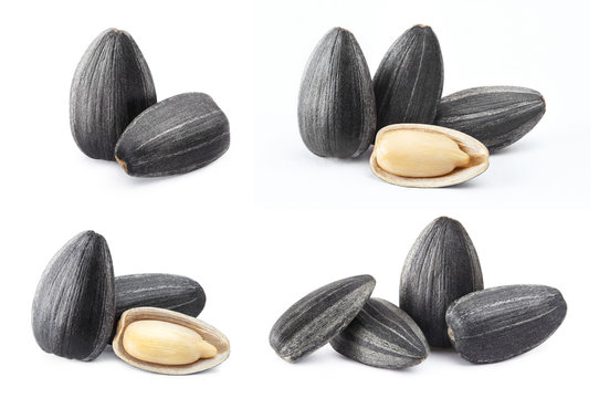 Collection of delicious sunflower black seeds, isolated on white background