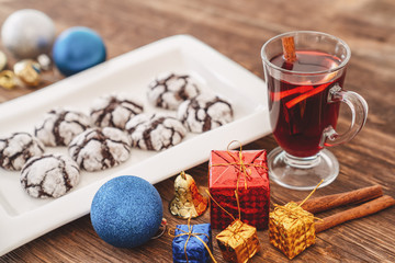 Fototapeta na wymiar Perparing traditional cookies and gluhwein or mulled wine for new year celebration