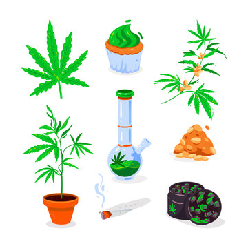 Icons Set of hemp. Cannabis seeds and plant.