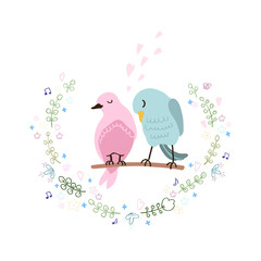 Vector colorful illustration of cute couple of birds in love. Can be used for childish t-shirt print, textile print, cloth, baby wear, kids room decoration, invitation, greeting card, and posters