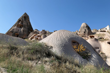 Unusually shaped volcanic cliffs in the Pigeon Valley in the Cappadocia region of Turkey.