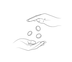 Giving coins charity. Hand donating money. People help. Vector illustration