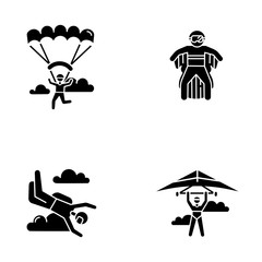 Air extreme sport glyph icons set. Hang gliding, skydiving, wing suiting and paragliding. Outdoor activities. Adrenaline entertainment and risky recreation. Silhouette vector isolated illustration